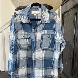 Blue and White Plaid Zip-Up Shirt